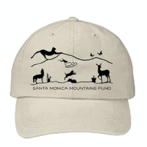 A beige cap featuring a black silhouette design of wildlife and the text "SANTA MONICA MOUNTAINS FUND,"