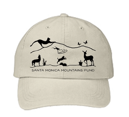 A beige cap featuring a black silhouette design of wildlife and the text "SANTA MONICA MOUNTAINS FUND,"