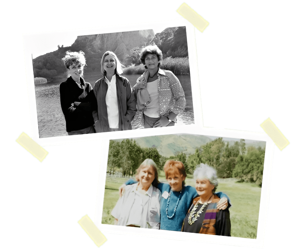 Four women pose together in two photographs, one in black and white by a body of water
